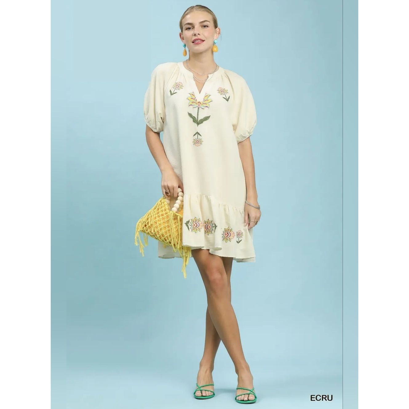 Umgee Embroidered Floral Babydoll Ecru Puff-Sleeve Shift Dress Sz Large